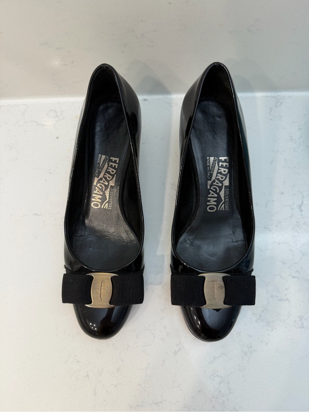 Salvatore Ferragamo Black Patent Vara Bow Flats